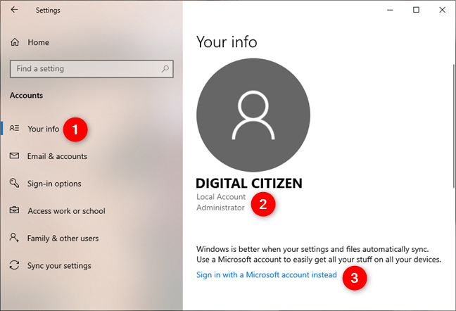 La configuración de Windows 10 muestra que se está utilizando una cuenta local