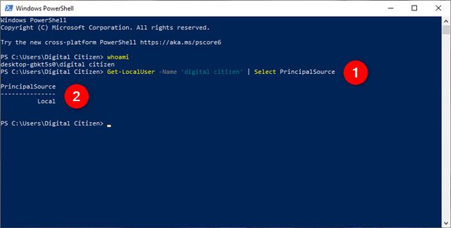 Esto es lo que dice PowerShell si está usando una cuenta local en Windows 10