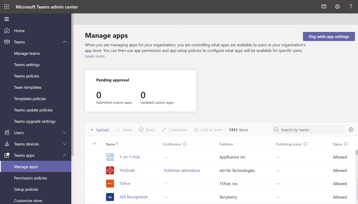 Administrar aplicaciones en el Centro de administración de Microsoft Teams
