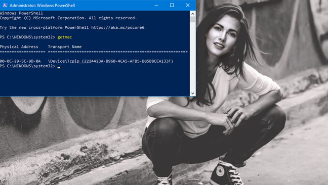 Dirección MAC mostrada en PowerShell