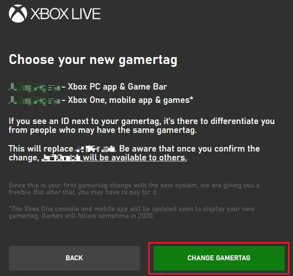 Elija su nuevo gamertag de Xbox seleccione-CAMBIAR-GAMERTAG o Atrás