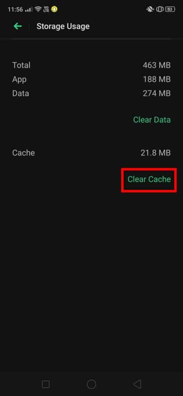 Toque Borrar caché para borrar con éxito todos los datos del caché.  |  Solucionar el problema de la pantalla negra de la cámara de Snapchat