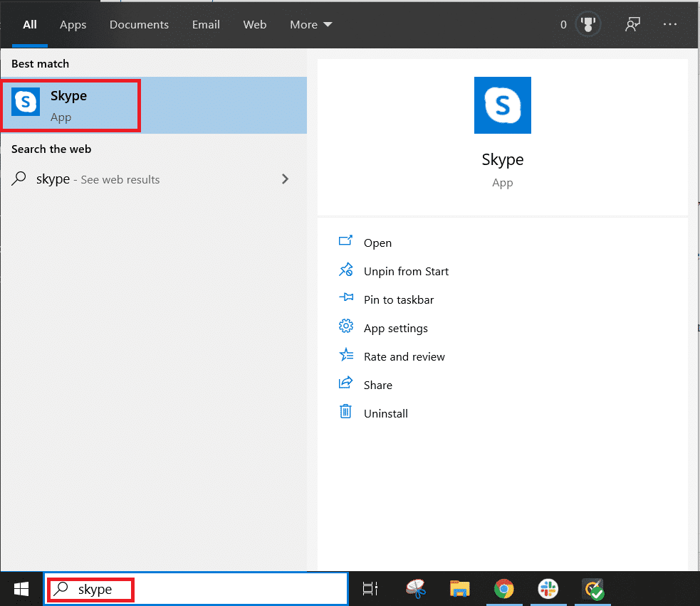 Escriba y busque Skype en la barra de búsqueda del menú Inicio.  Haga clic en el resultado de búsqueda que apareció.