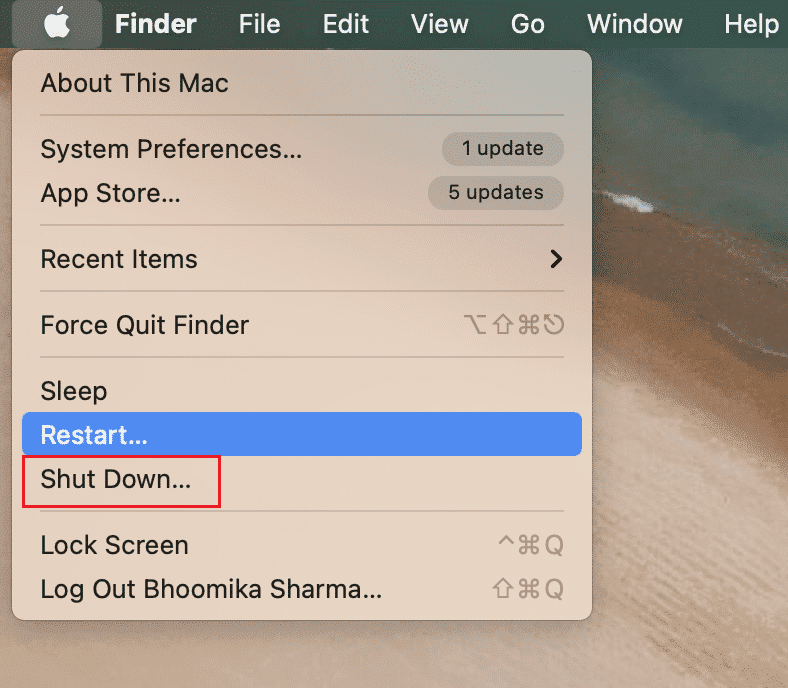 seleccione la opción Apagar... en MacBook. Cómo arreglar el micrófono que no funciona en Mac