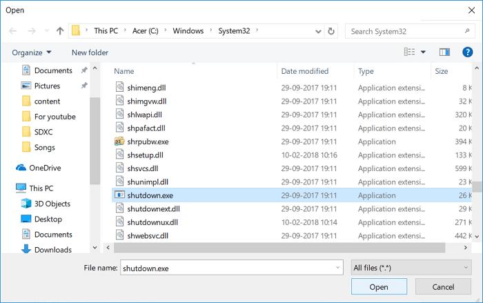 Vaya a shutdown.exe en System32 | ¿Cómo programar el apagado automático en Windows 10?