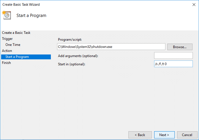En la sección Programa o Script, busque System32 shutdown.exe