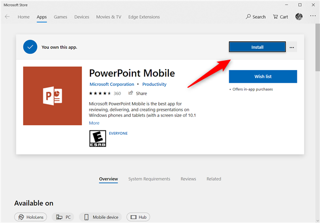 Instalación de PowerPoint Mobile desde Microsoft Store