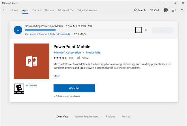 Esperando a que Microsoft Store descargue e instale PowerPoint Mobile