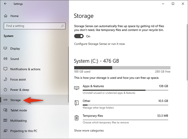 La sección Almacenamiento de la Configuración del sistema