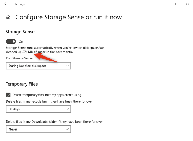 La cantidad de espacio limpiado por Storage Sense