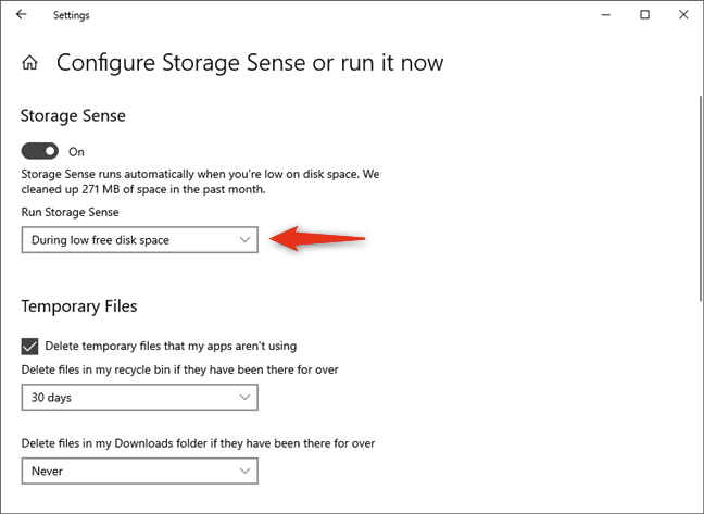 Cuándo ejecutar automáticamente Storage Sense