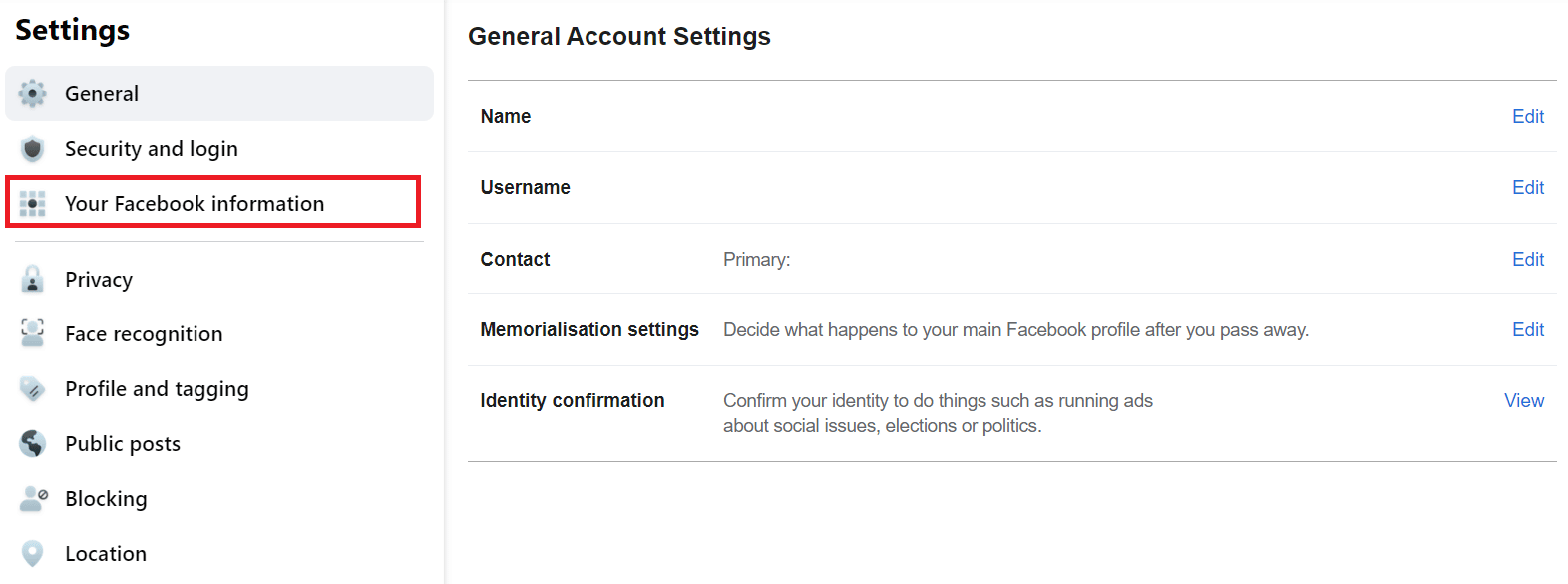 clic en la opción Tu información de Facebook |  eliminar cuenta de Facebook sin esperar 14 días