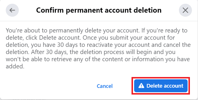 haga clic en Eliminar cuenta en la ventana emergente |  eliminar cuenta de Facebook sin esperar 14 días