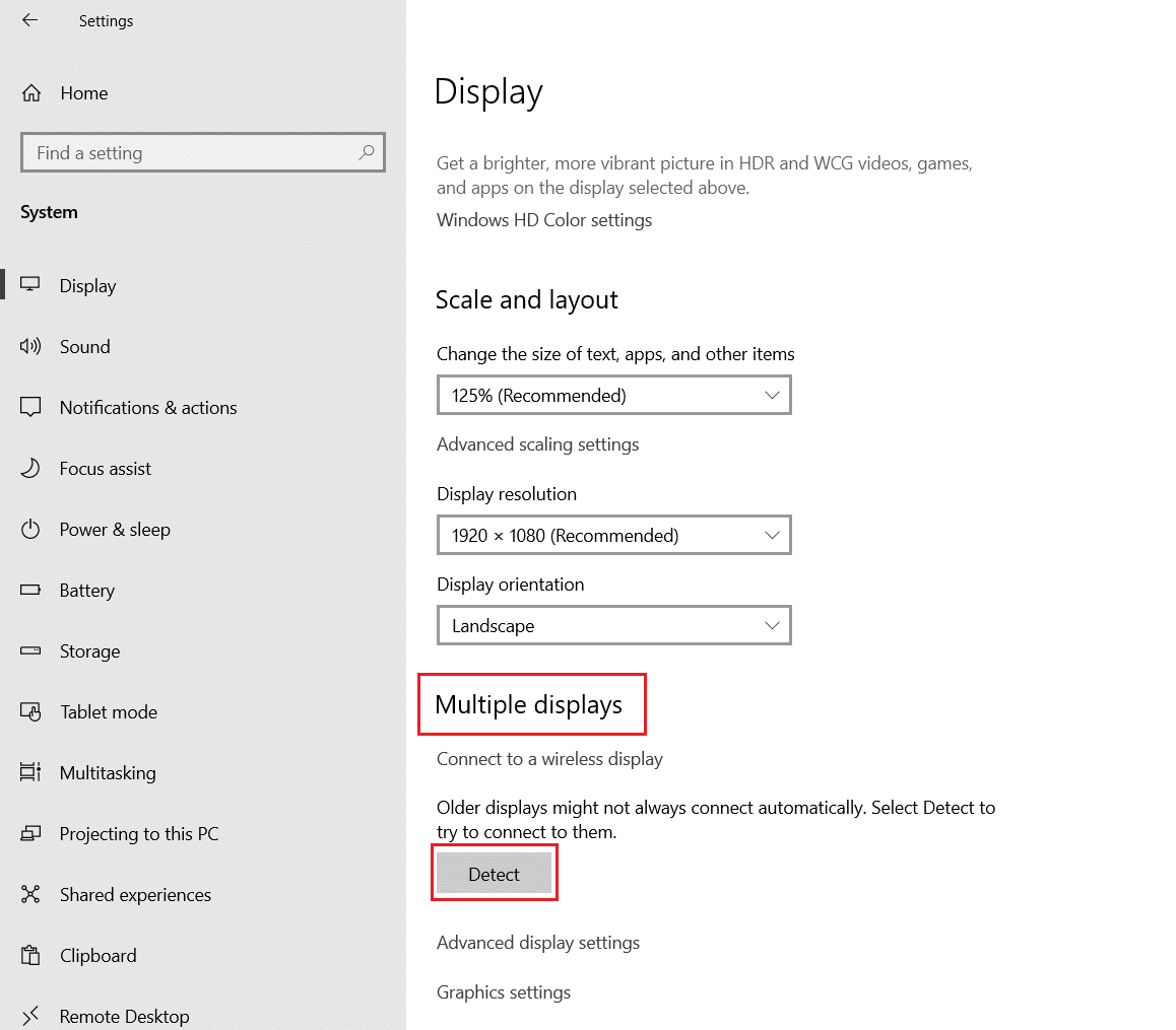 haga clic en el botón Detectar en la sección Múltiples pantallas en la configuración del sistema de visualización en Windows 10
