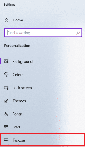 en la configuración personalizada, seleccione el menú de la barra de tareas en la barra lateral