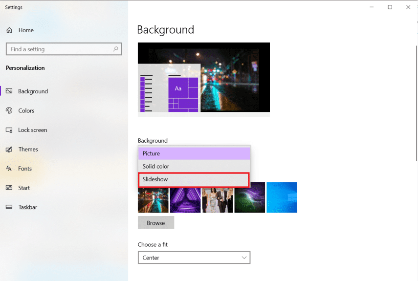 en el menú de fondo, seleccione presentación de diapositivas en la opción de fondo desplegable. Cómo configurar 3 monitores en una computadora portátil