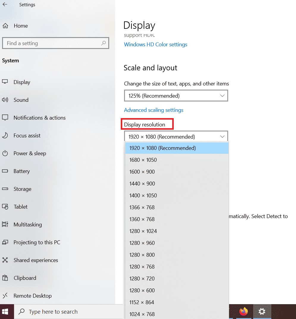 Configuración del sistema Resolución de pantalla