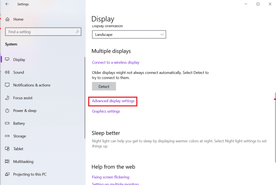 haga clic en Configuración de pantalla avanzada en varias secciones de pantallas de la configuración del sistema de visualización