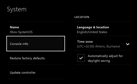 Xbox One, versión, sistema operativo, número de serie, ID de consola, ID de dispositivo de Xbox Live