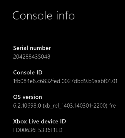Xbox One, versión, sistema operativo, número de serie, ID de consola, ID de dispositivo de Xbox Live