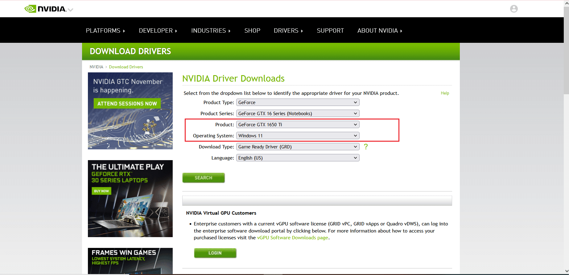 Página de descarga de NVIDIA GeForce GTX 1650 Ti Windows 11