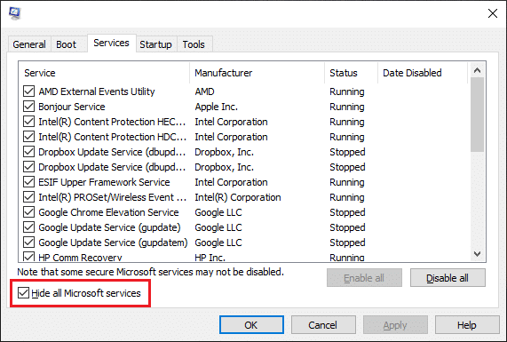 Esconder todos los servicios de Microsoft.  Solucionar el error 0xc0aa0301 en Windows 10