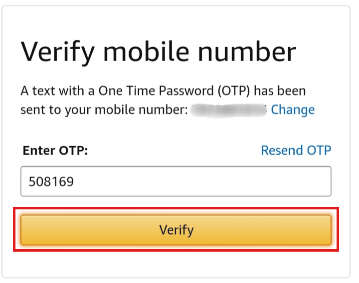 Ingrese la OTP recibida en su teléfono y haga clic en Verificar.