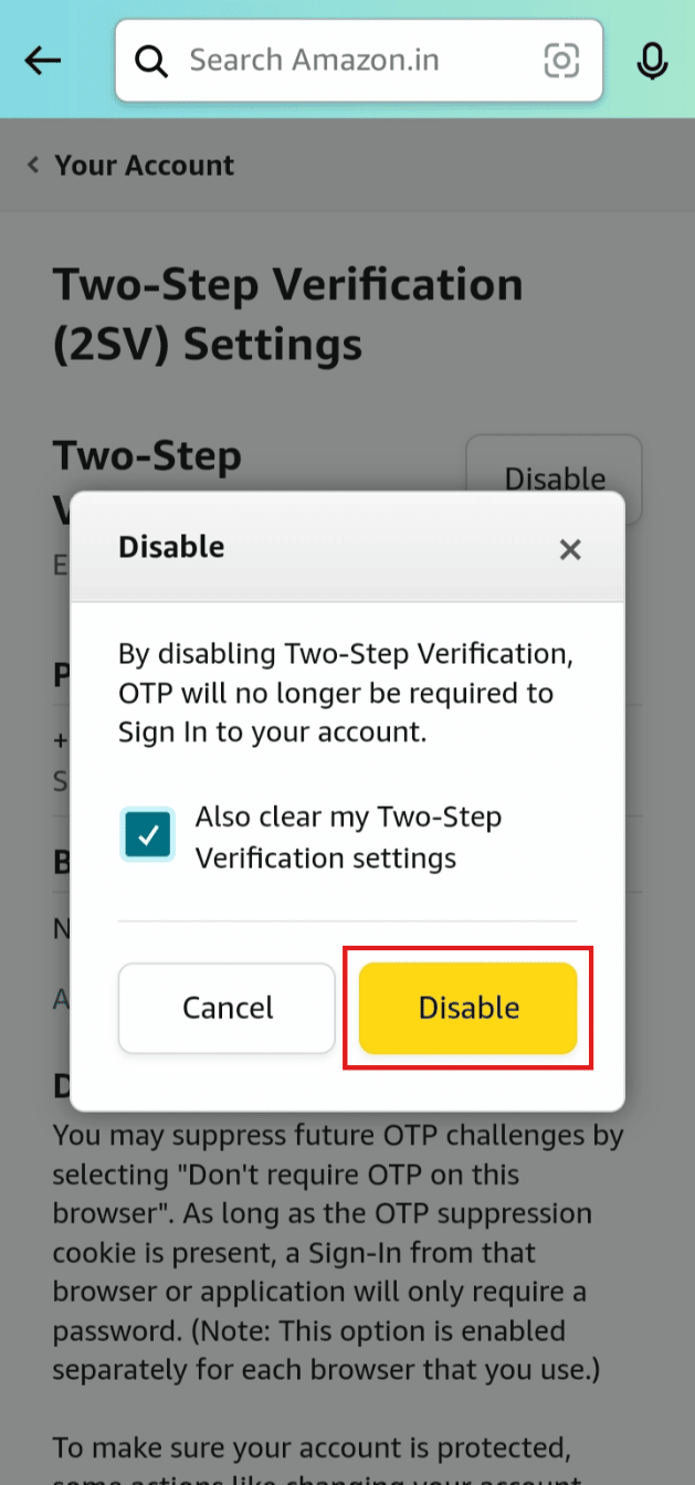 Toque Deshabilitar para confirmar su acción de deshabilitar la verificación OTP de Amazon | inicia sesión en Amazon si cambias tu número de teléfono | omitir la verificación de Amazon OTP
