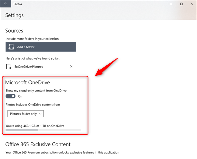 Configuración de Microsoft OneDrive disponible en la aplicación Configuración