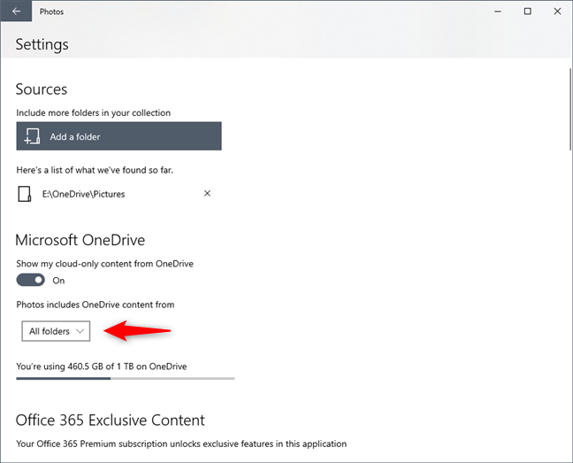 Las fotos solo pueden mostrar contenido en la nube desde la carpeta Imágenes de OneDrive o desde todas las carpetas de OneDrive