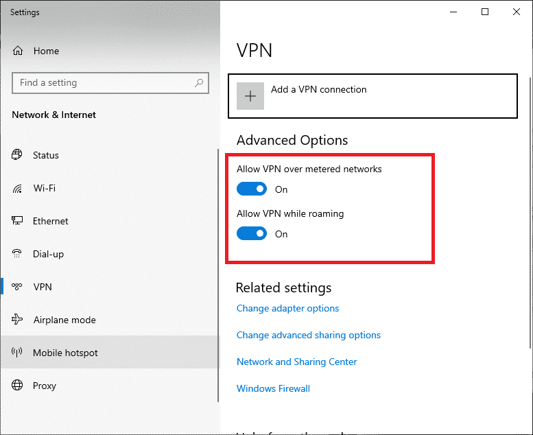 En la ventana Configuración, desconecte el servicio VPN activo y desactive las opciones de VPN en Opciones avanzadas.  Arreglar ERR RED CAMBIADA en Windows 10