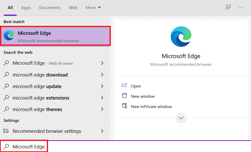 En el menú Inicio, escriba Microsoft Edge y presione Entrar para iniciarlo
