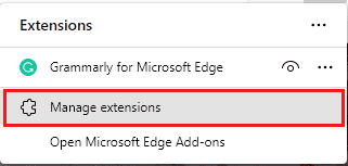 Ahora, todas sus extensiones agregadas aparecerán en la pantalla.  Haga clic en Administrar extensiones.  Arreglar ERR RED CAMBIADA en Windows 10