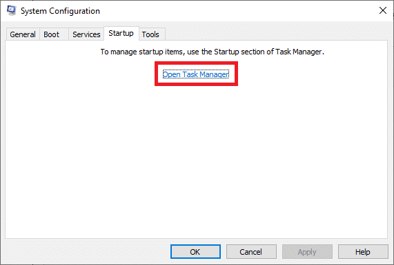cambie a la pestaña Inicio y haga clic en el enlace para Abrir el Administrador de tareas
