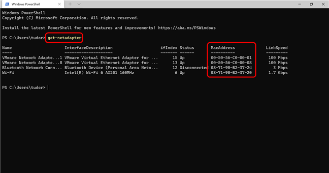 Identifique la dirección MAC con el comando get-netadapter en PowerShell