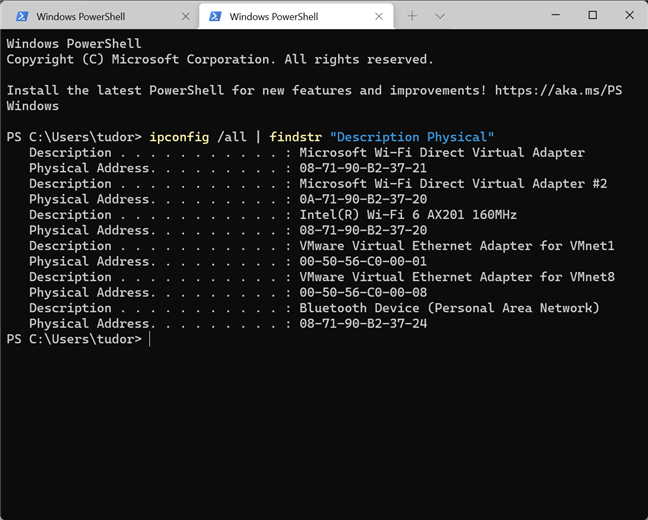 Obtenga solo direcciones MAC, con el comando: ipconfig /all | findstr