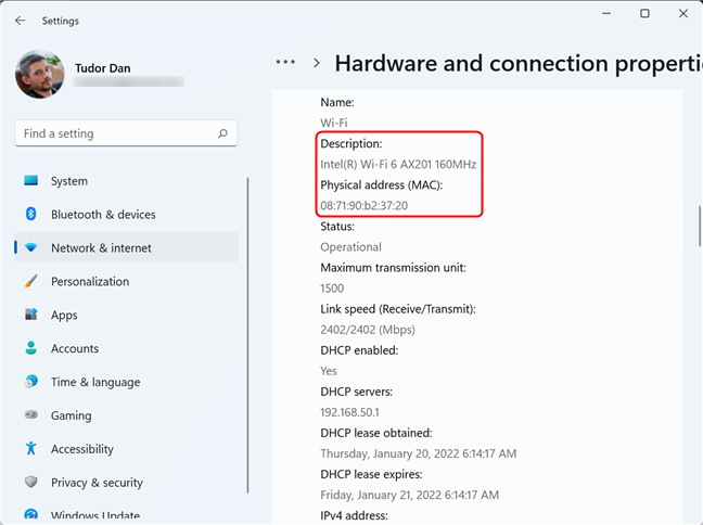 Desplácese por la página e identifique el adaptador, luego busque su dirección MAC