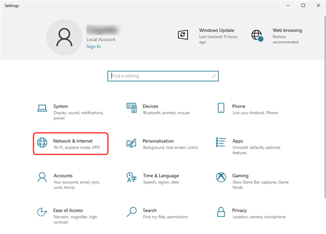 Acceda a la sección Red e Internet de la aplicación Configuración en Windows 10