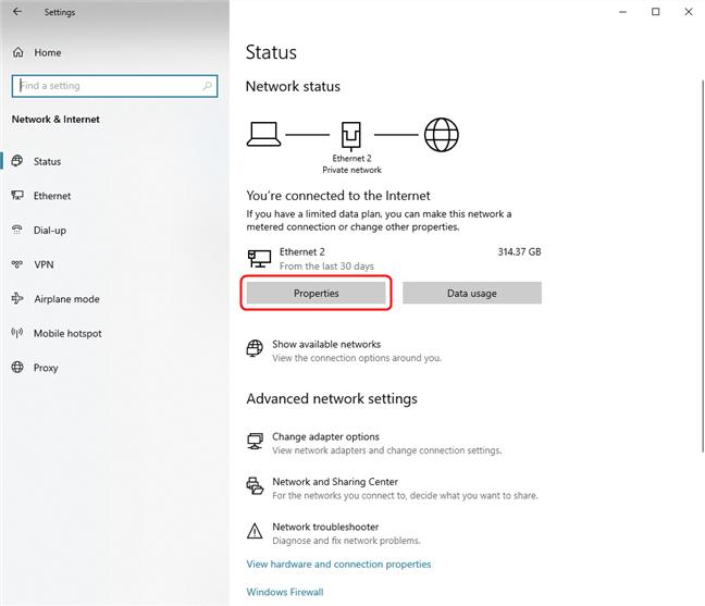 Haga clic en Propiedades para encontrar la dirección MAC de su adaptador de red activo