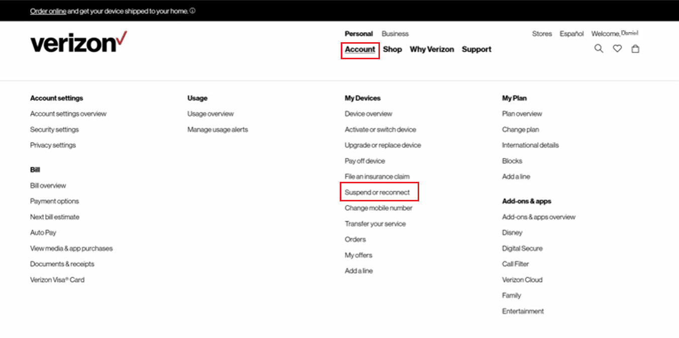 Haga clic en Cuenta - Suspender o volver a conectar