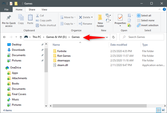 Uso del Explorador de archivos para llegar a la carpeta
