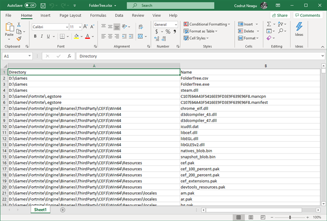 El árbol de directorios exportado en Excel