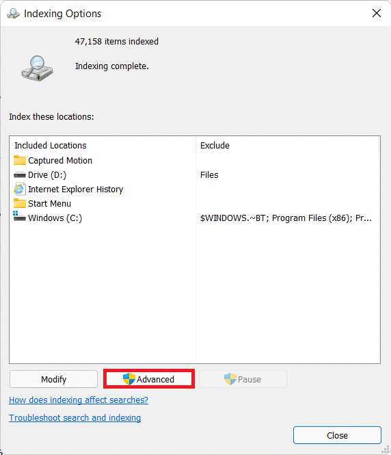haga clic en el botón Avanzado en el cuadro de diálogo Opciones de indexación.  Cómo cambiar las opciones de indexación en Windows 11