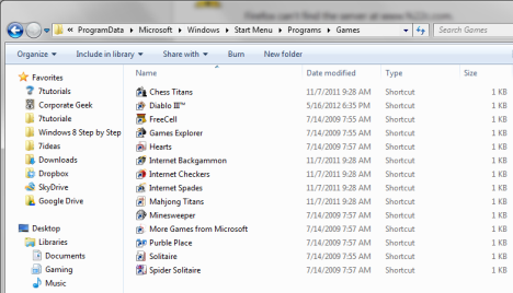 Carpeta de juegos en Windows 7