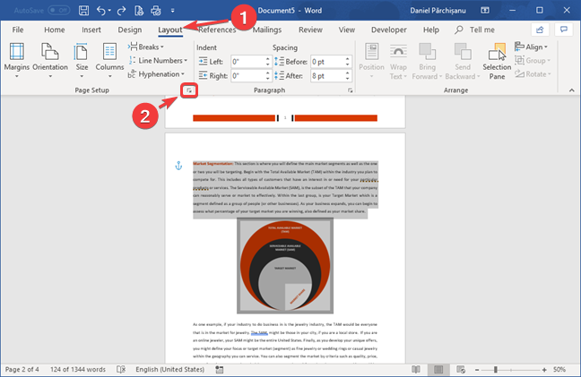 Abra la ventana Configurar página desde la pestaña Diseño en Microsoft Word