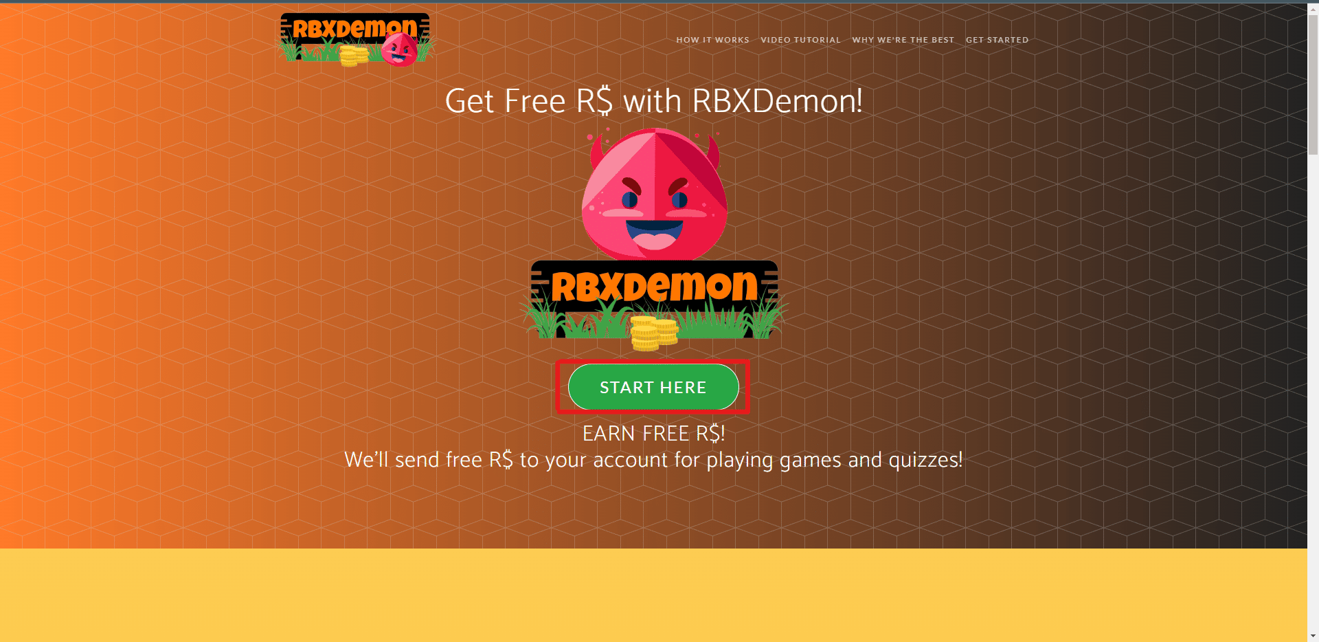 Abra el sitio web oficial de RBX demon en su navegador Chrome y haga clic en COMENZAR AQUÍ