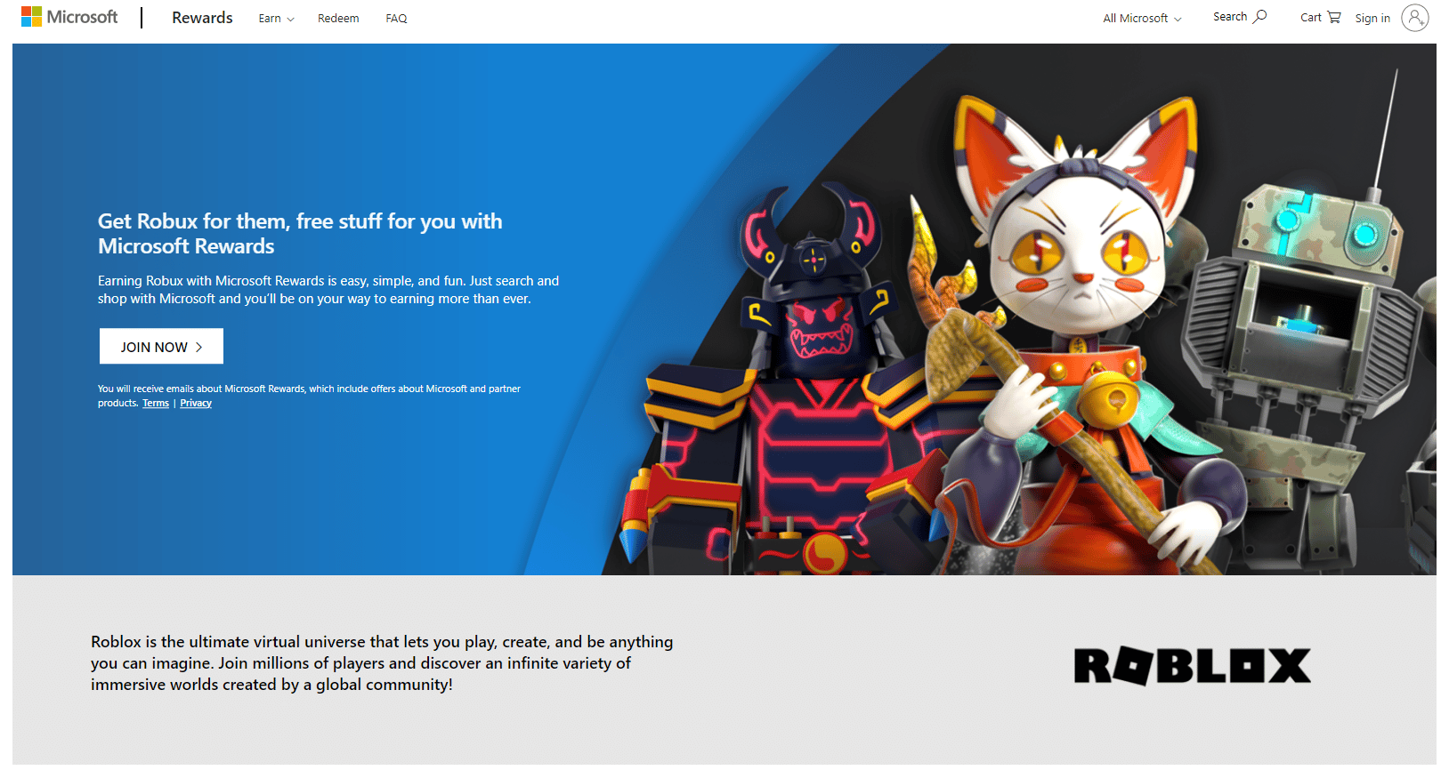 Página de recompensas de Microsoft Robux