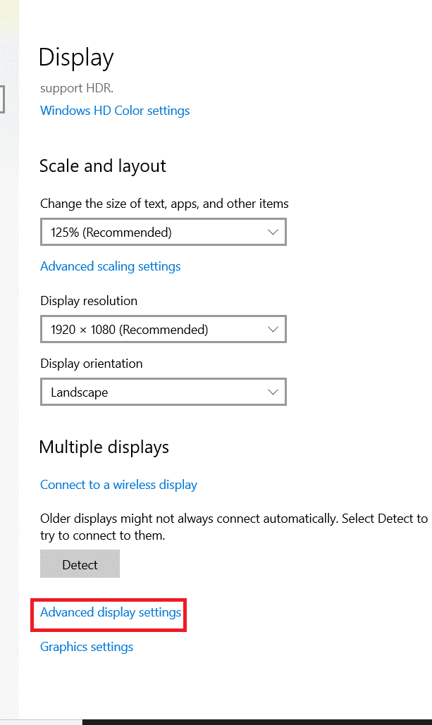 Desplácese hacia abajo y haga clic en Configuración de pantalla avanzada