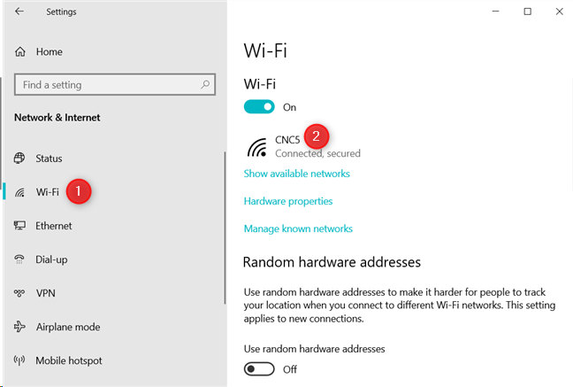 La sección Wi-Fi de la configuración de Windows 10