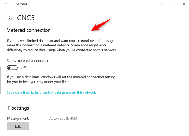 La configuración de conexión medida de Windows 10